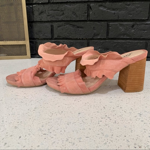 Free People Pink Suede Rosie Ruffle Slip On Double Strap Open Toe Heels - Picture 11 of 11
